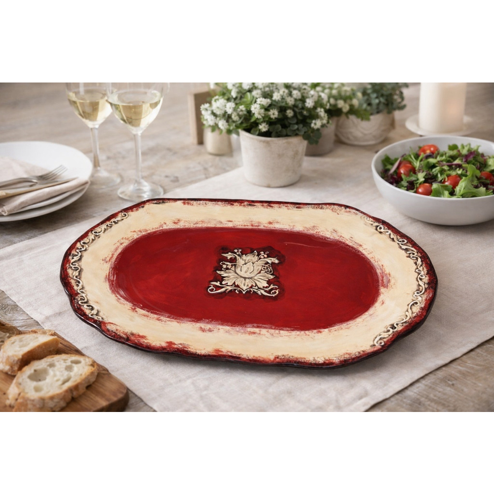 Bella Casa by GANZ Red & Cream Oval Serving Platter Rustic Decor